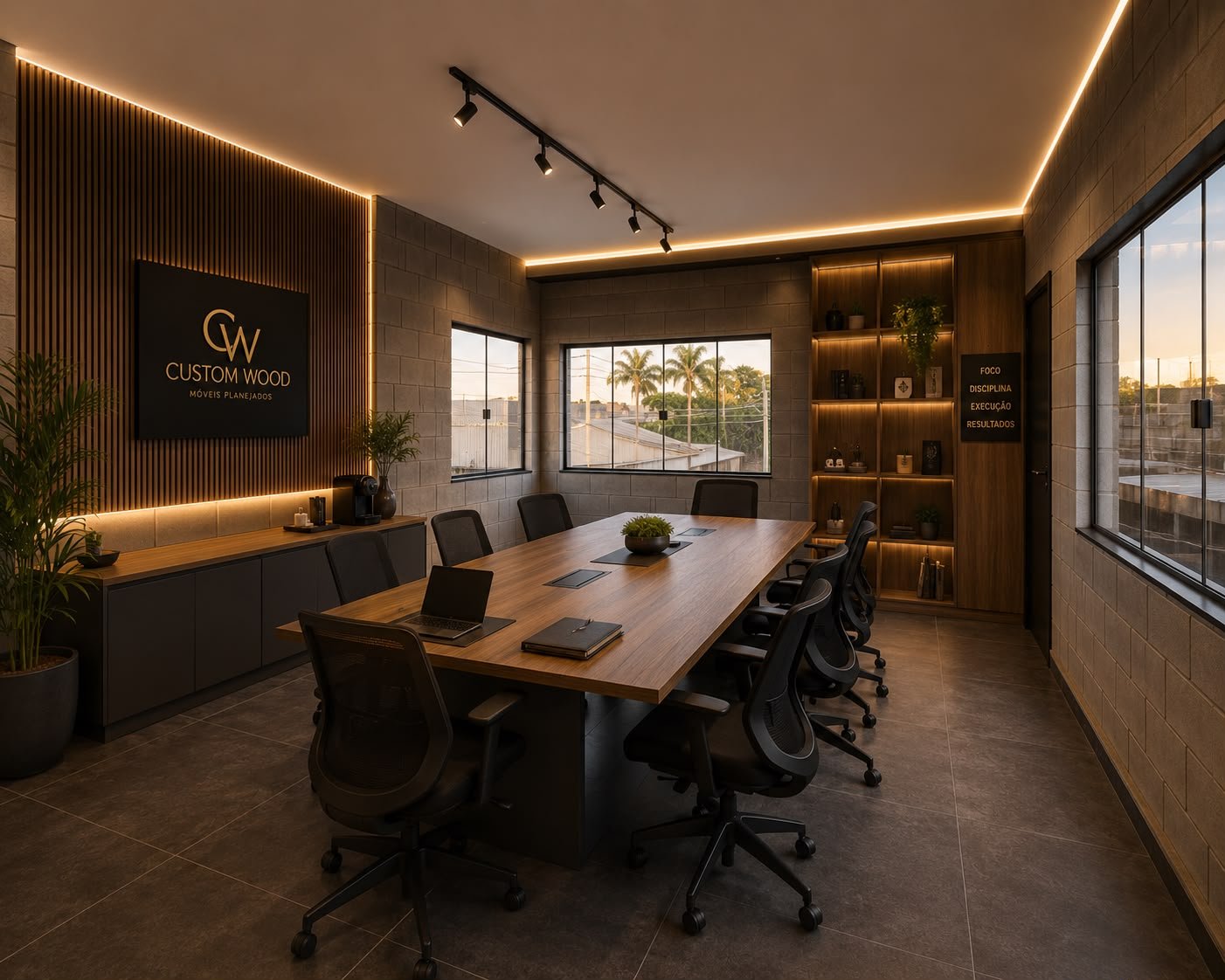 Sala de reunião ao entardecer com mesa em madeira, painel ripado iluminado e estante nichada